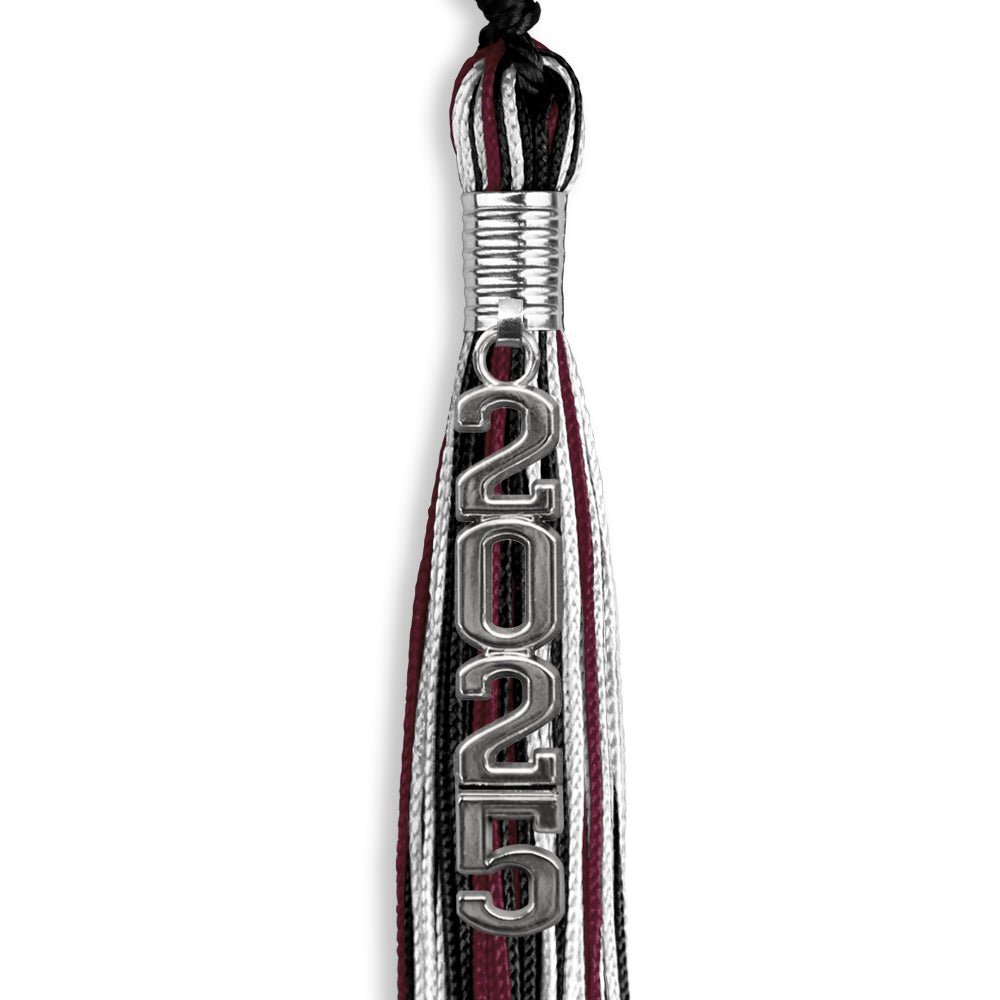 Black/Maroon/White Mixed Color Graduation Tassel with Silver Stacked Date Drop - Endea Graduation