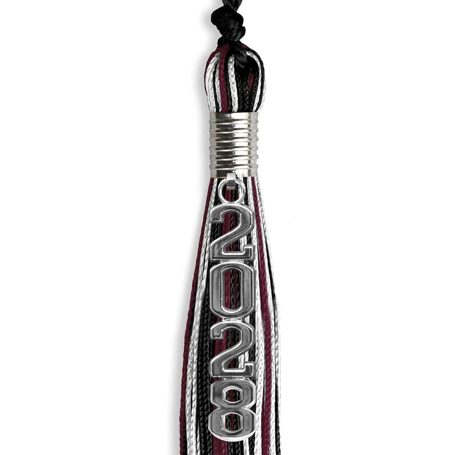 Black/Maroon/White Mixed Color Graduation Tassel with Silver Stacked Date Drop - Endea Graduation