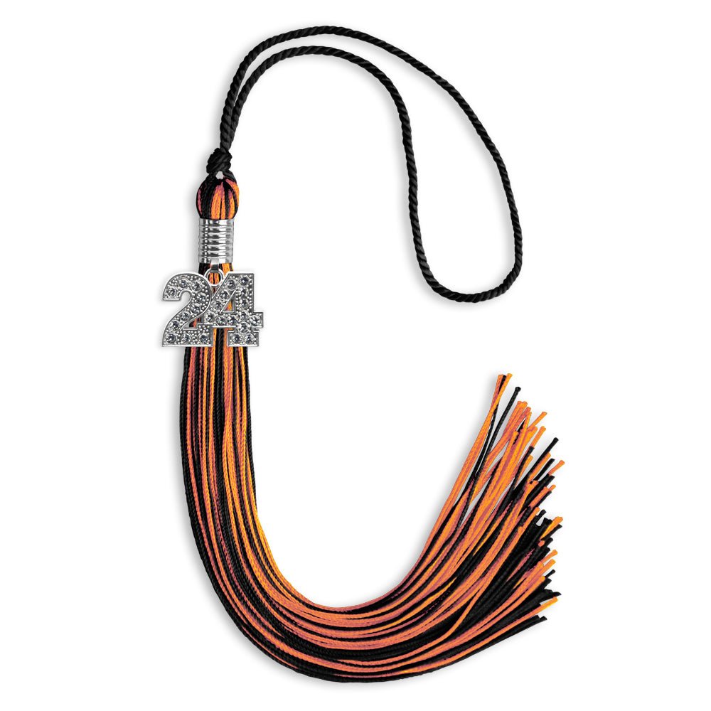 Black/Orange Mixed Color Graduation Tassel with Silver Date Drop - Endea Graduation