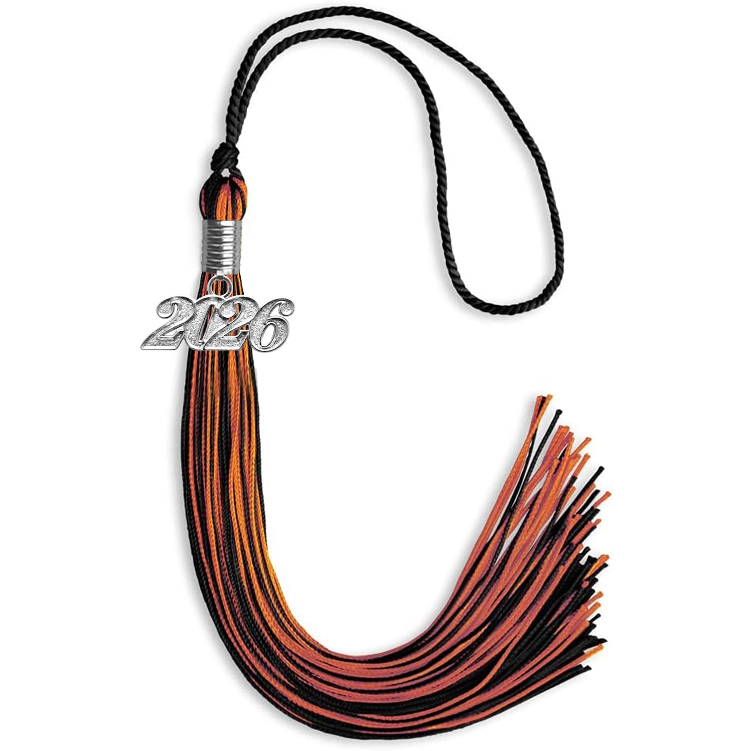 Black/Orange Mixed Color Graduation Tassel with Silver Date Drop - Endea Graduation