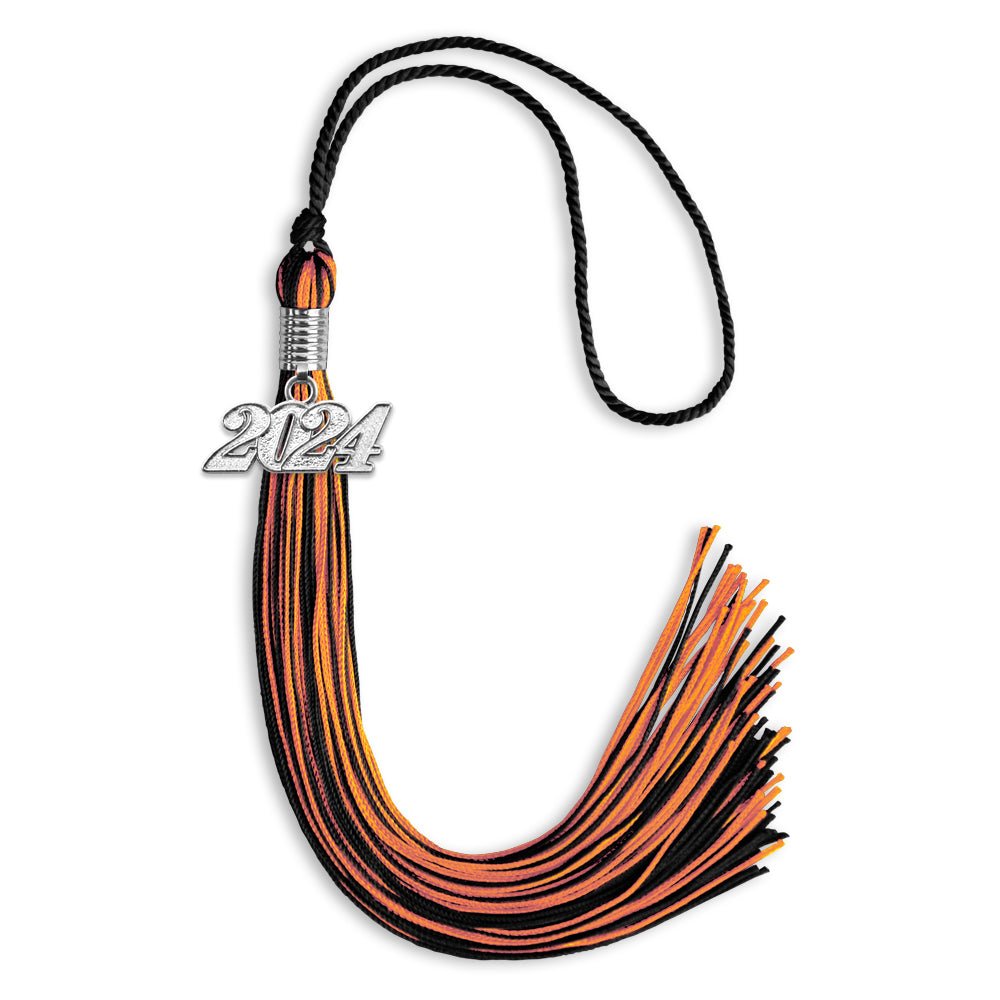 Black/Orange Mixed Color Graduation Tassel with Silver Date Drop - Endea Graduation