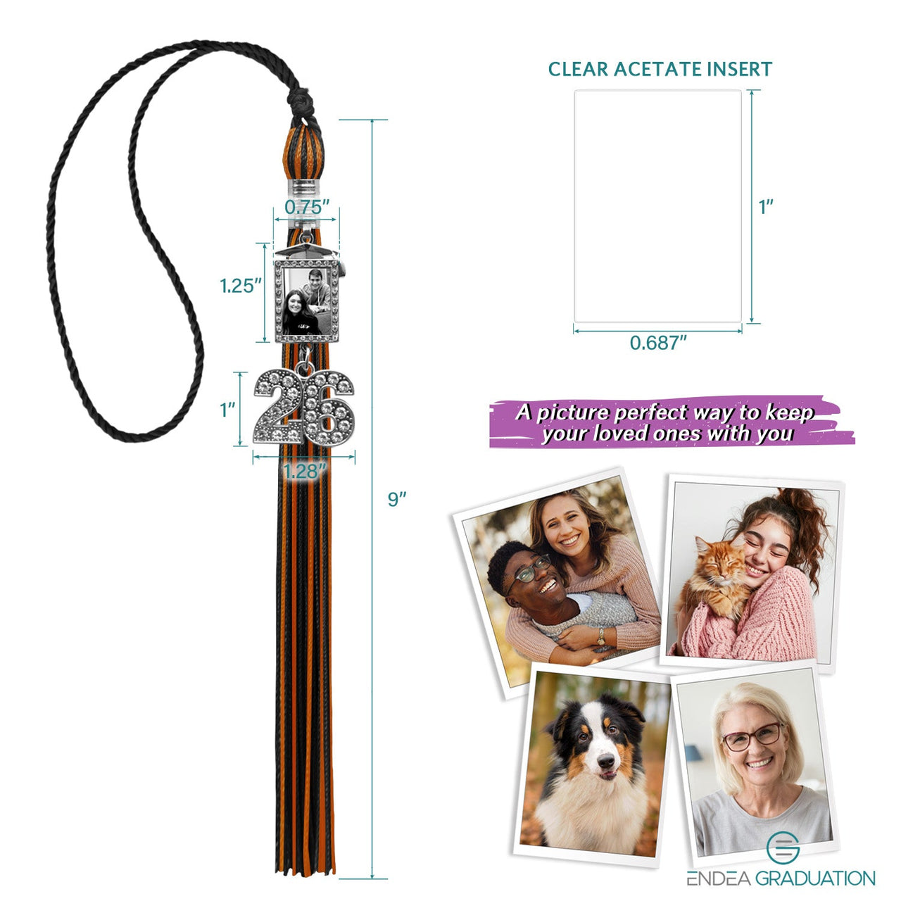 Black/Orange Tassel with Photo Frame Charm and Bling Charm - Endea Graduation
