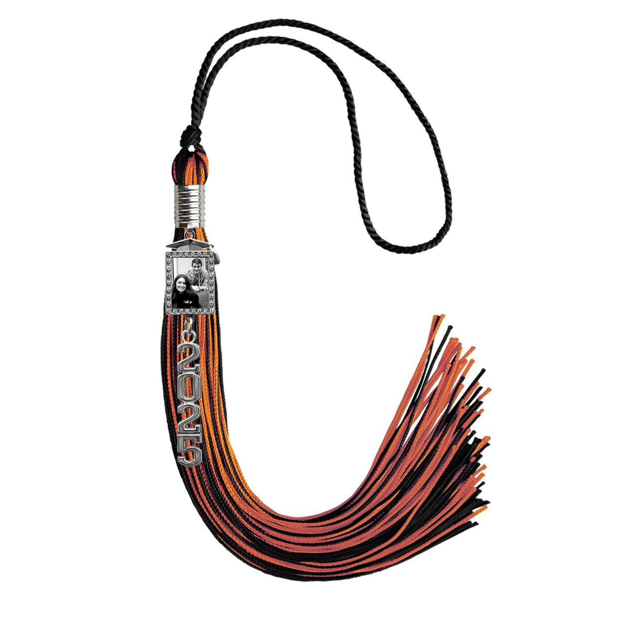 Black/Orange Tassel with Photo Frame Charm and Stacked Date Drop - Endea Graduation