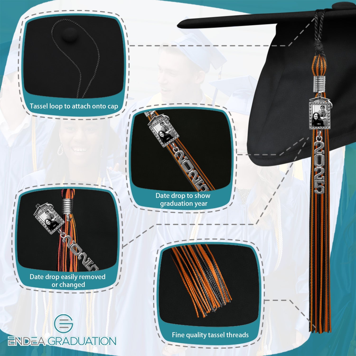 Black/Orange Tassel with Photo Frame Charm and Stacked Date Drop - Endea Graduation