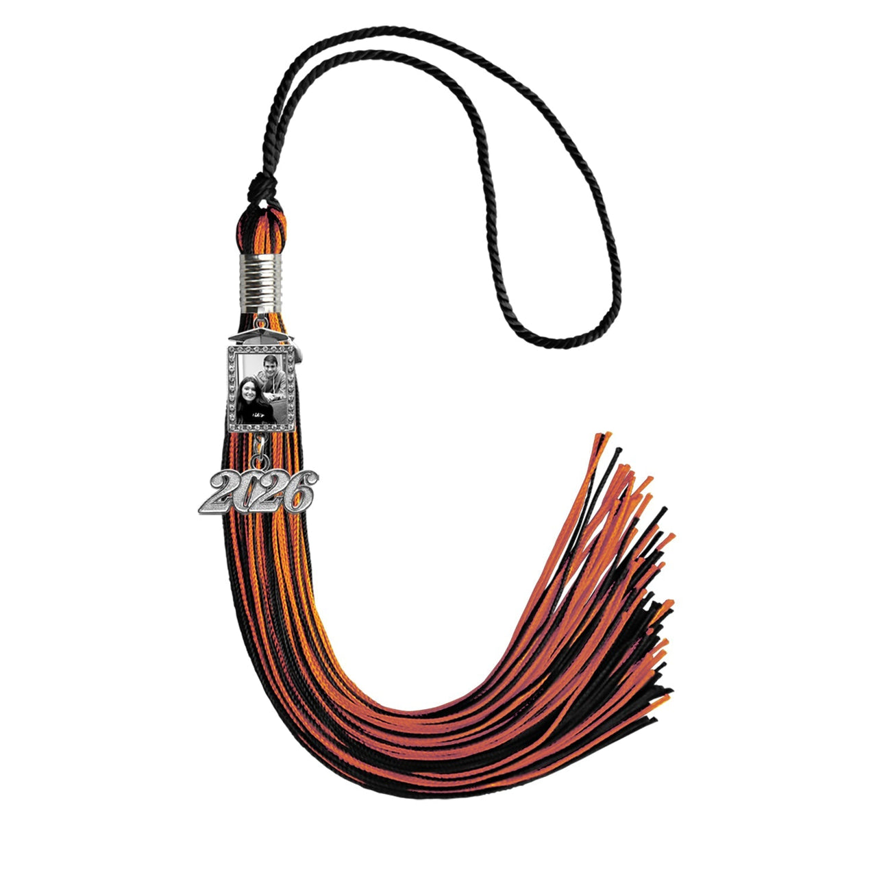 Black/Orange Tassel with Photo Frame Charm and Year Date Drop - Endea Graduation