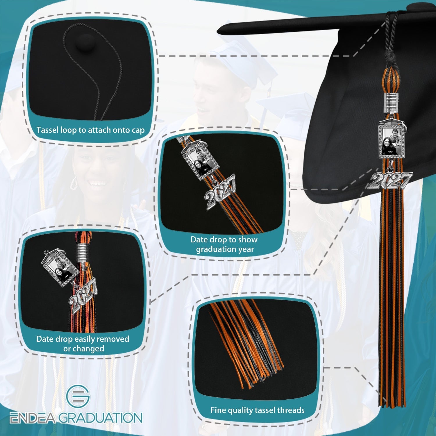 Black/Orange Tassel with Photo Frame Charm and Year Date Drop - Endea Graduation