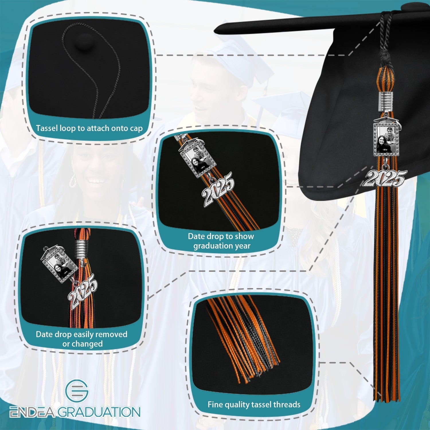 Black/Orange Tassel with Photo Frame Charm and Year Date Drop - Endea Graduation