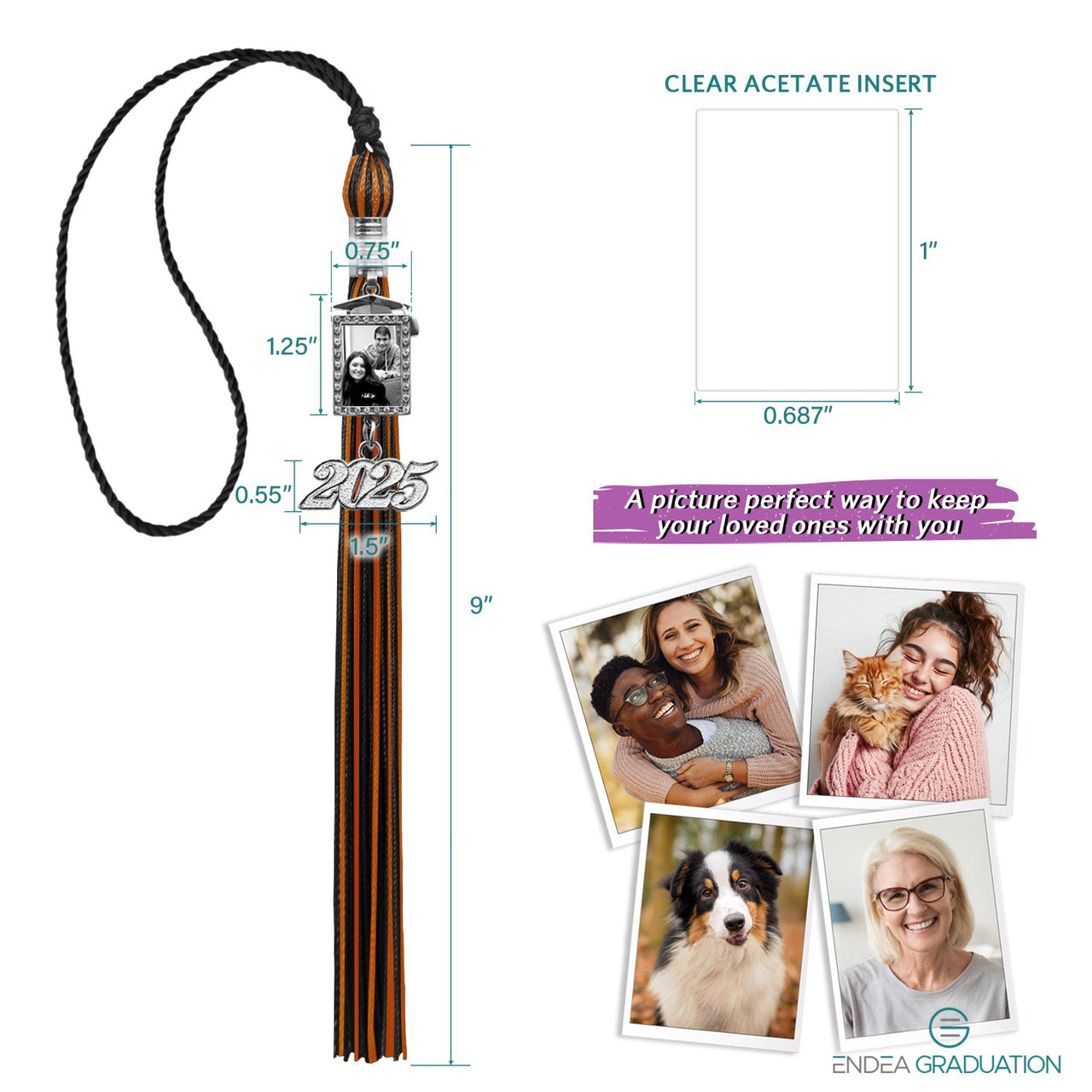 Black/Orange Tassel with Photo Frame Charm and Year Date Drop - Endea Graduation