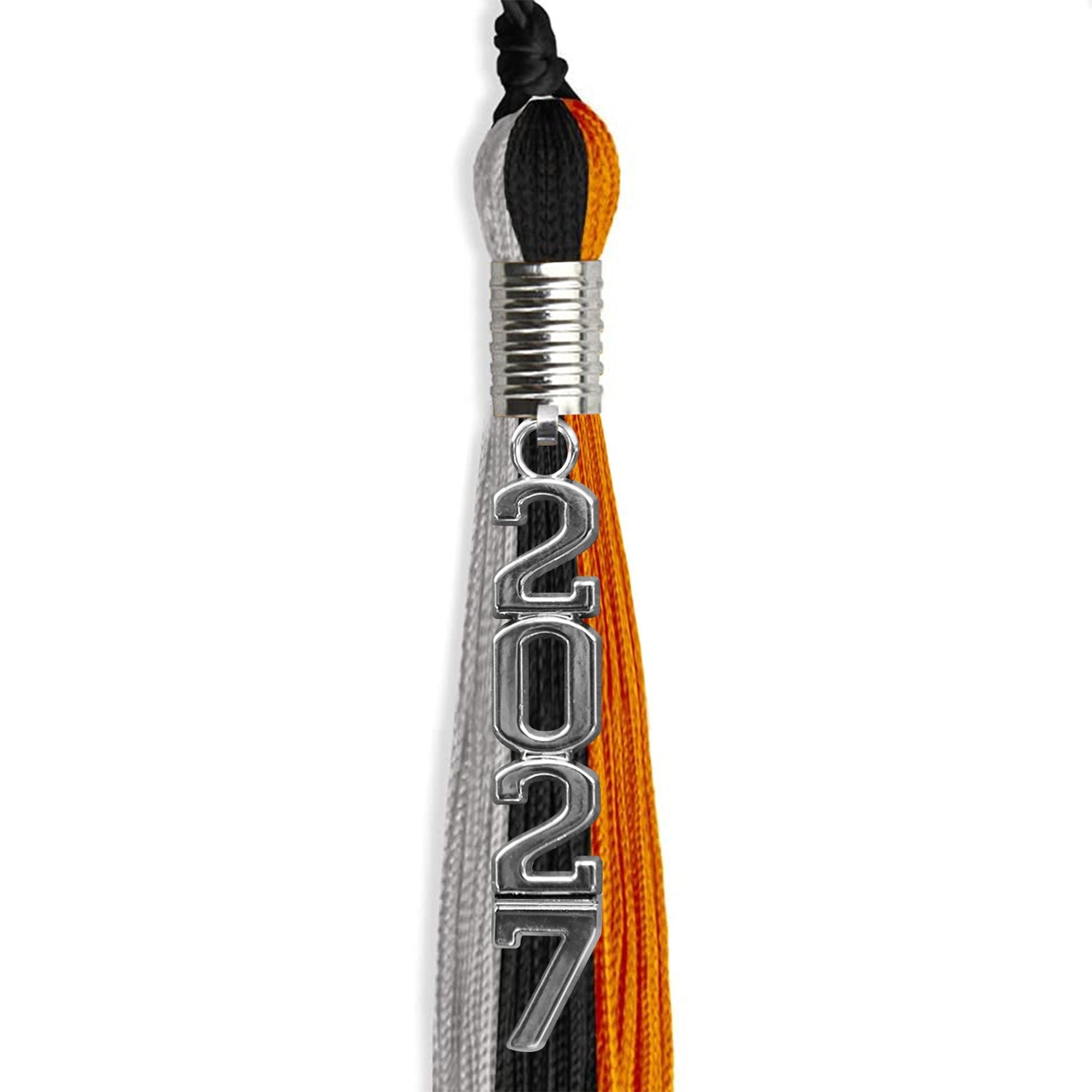 Black/Orange/Grey Graduation Tassel with Silver Stacked Date Drop - Endea Graduation