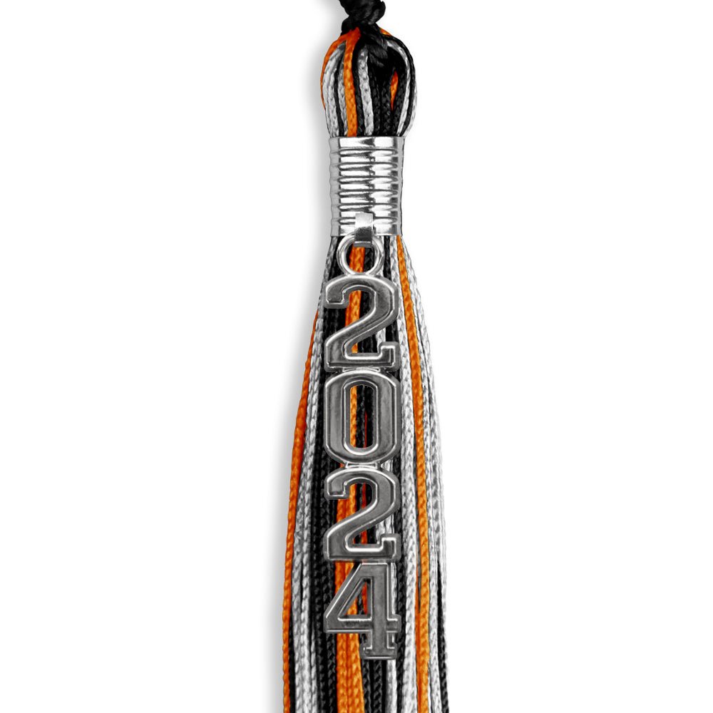 Black/Orange/Silver Mixed Color Graduation Tassel with Silver Stacked Date Drop - Endea Graduation