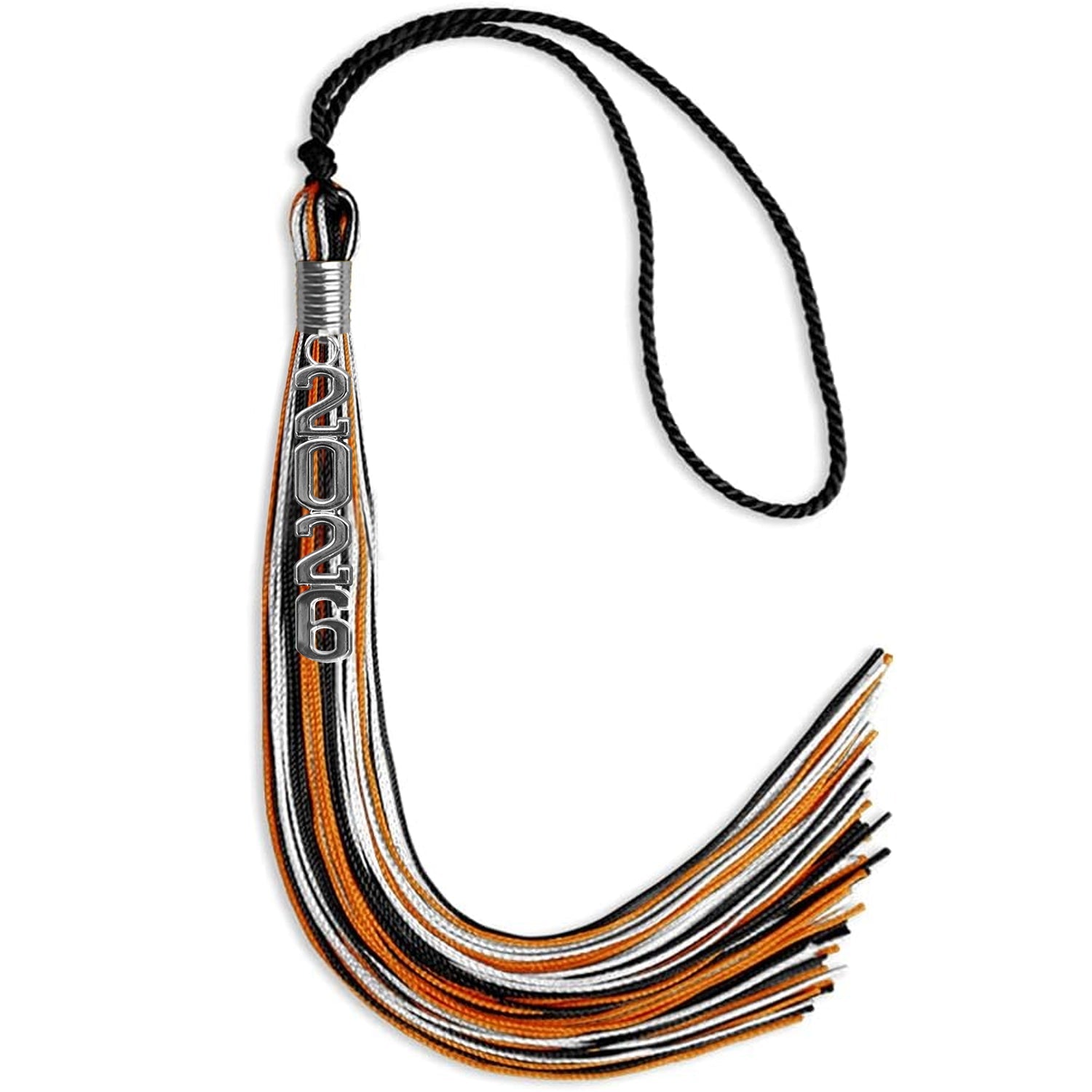 Black/Orange/White Mixed Color Graduation Tassel with Silver Stacked Date Drop - Endea Graduation