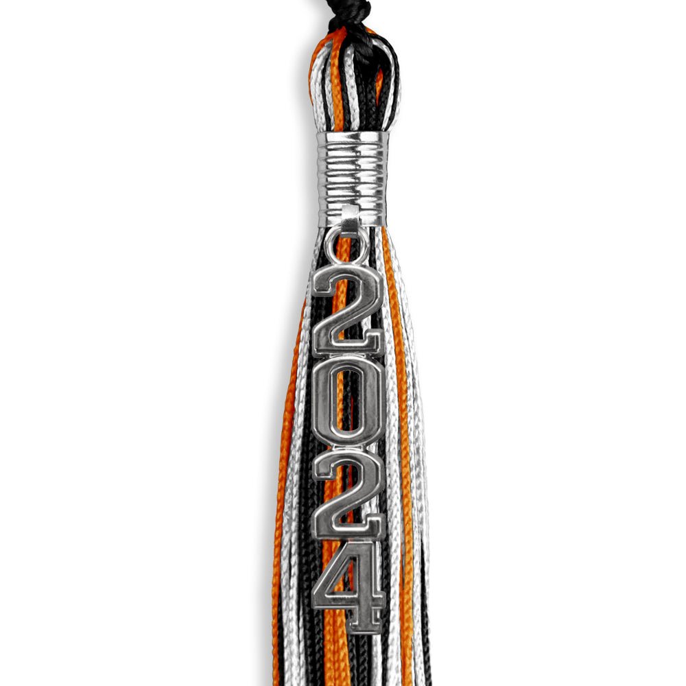 Black/Orange/White Mixed Color Graduation Tassel with Silver Stacked Date Drop - Endea Graduation