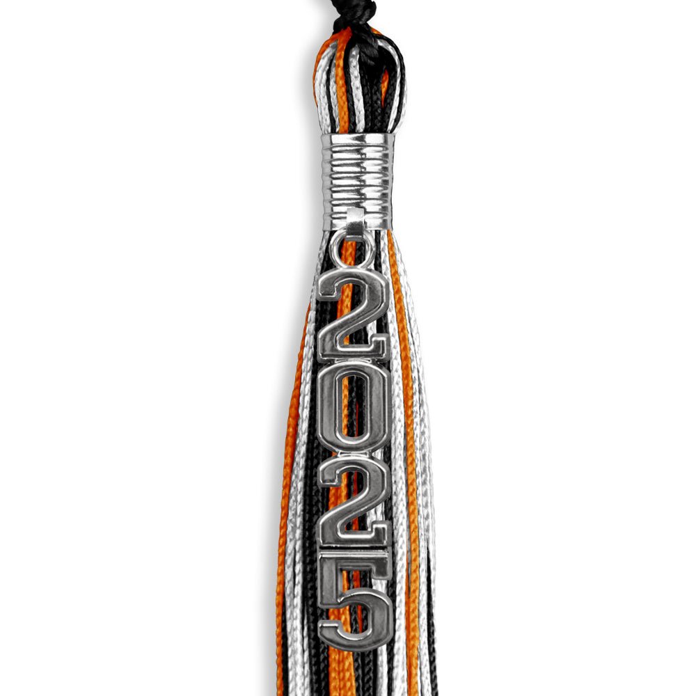 Black/Orange/White Mixed Color Graduation Tassel with Silver Stacked Date Drop - Endea Graduation