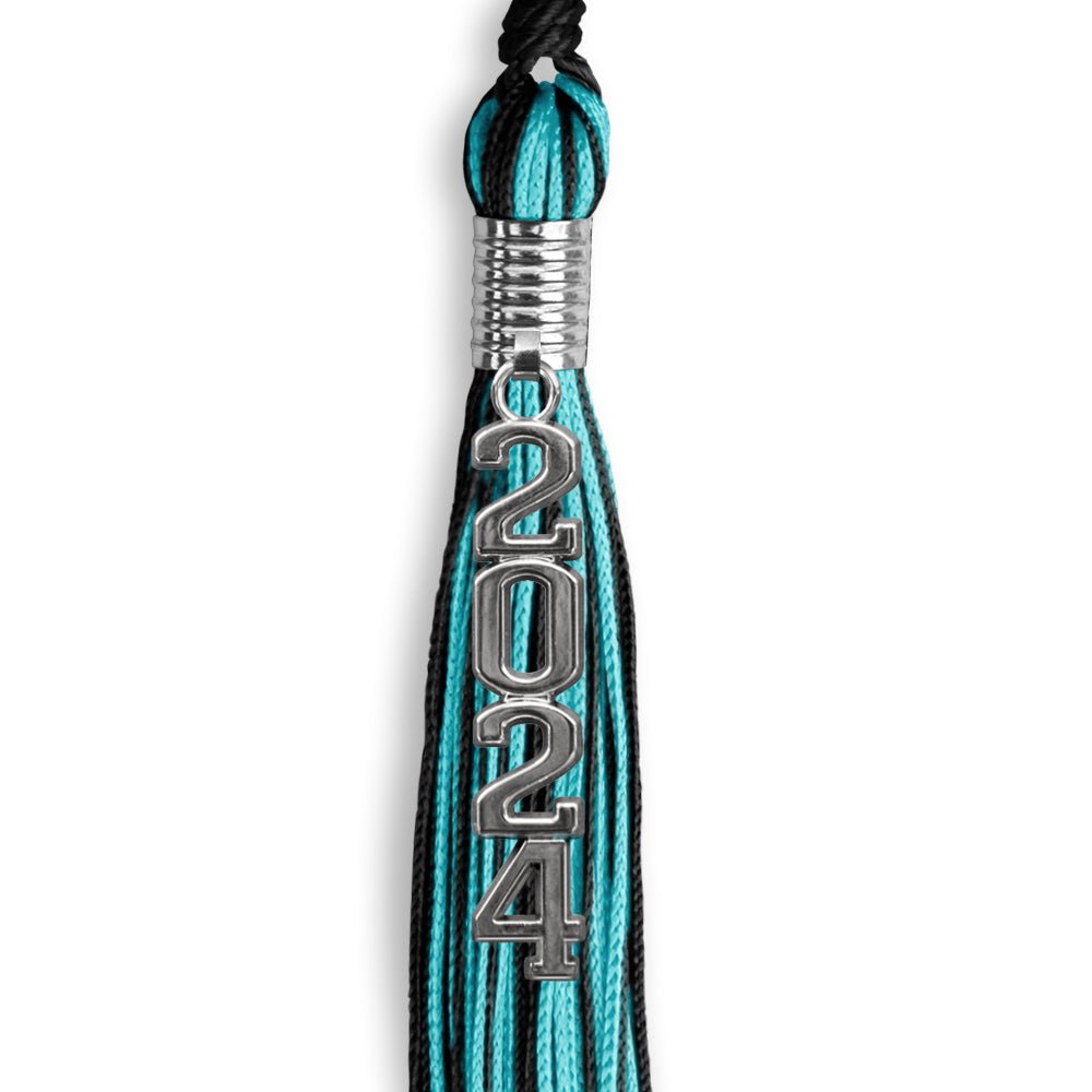 Black/Peacock Mixed Color Graduation Tassel with Stacked Silver Date Drop - Endea Graduation