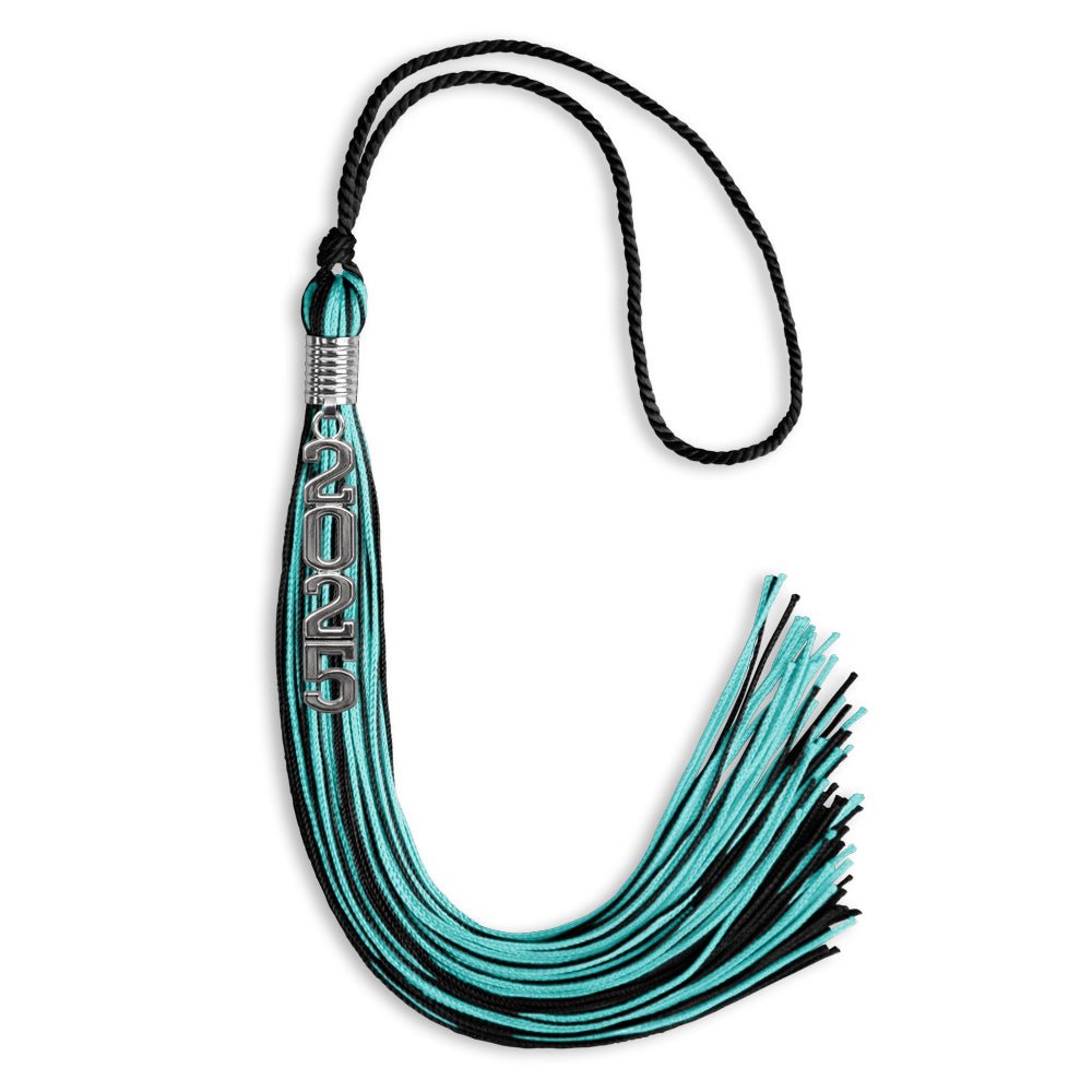 Black/Peacock Mixed Color Graduation Tassel with Stacked Silver Date Drop - Endea Graduation