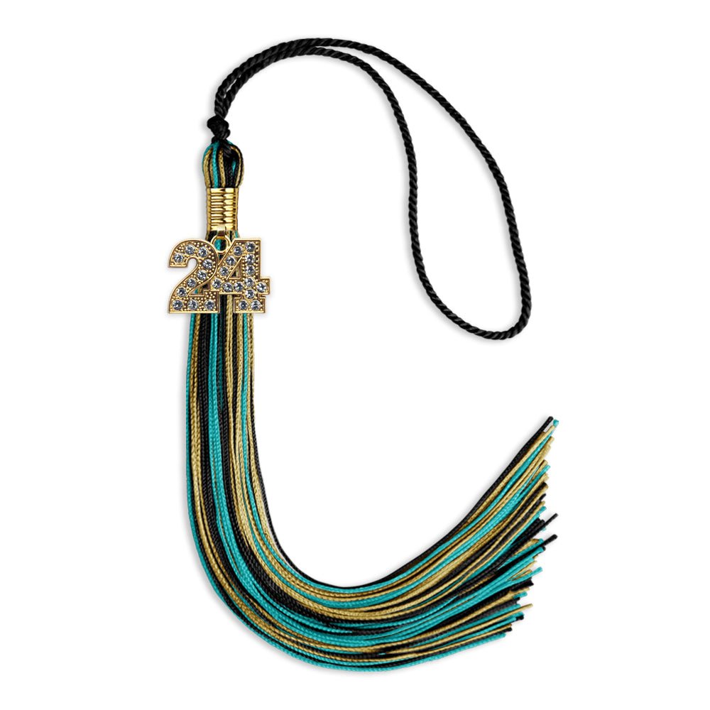 Black/Peacock/Antique Gold Mixed Color Graduation Tassel with Gold Date Drop - Endea Graduation