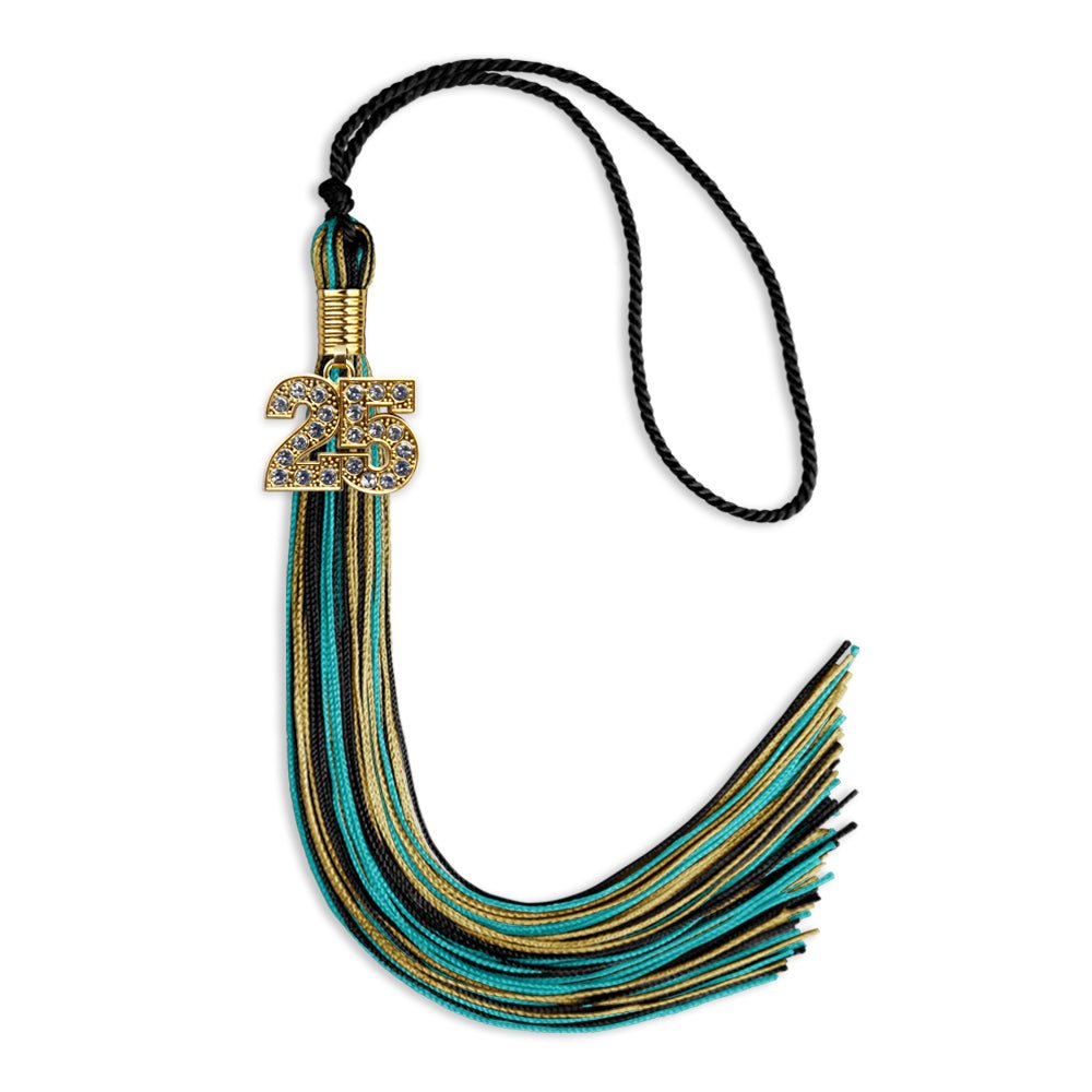 Black/Peacock/Antique Gold Mixed Color Graduation Tassel with Gold Date Drop - Endea Graduation