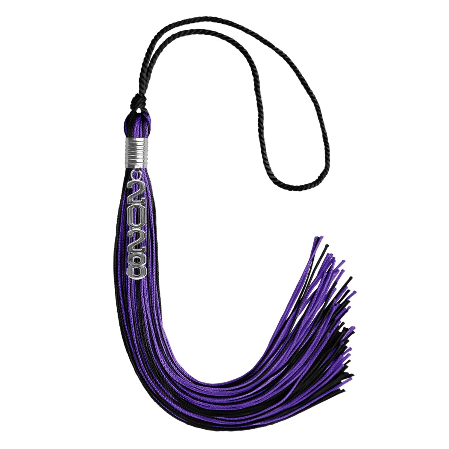 Black/Purple Mixed Color Graduation Tassel with Stacked Silver Date Drop - Endea Graduation