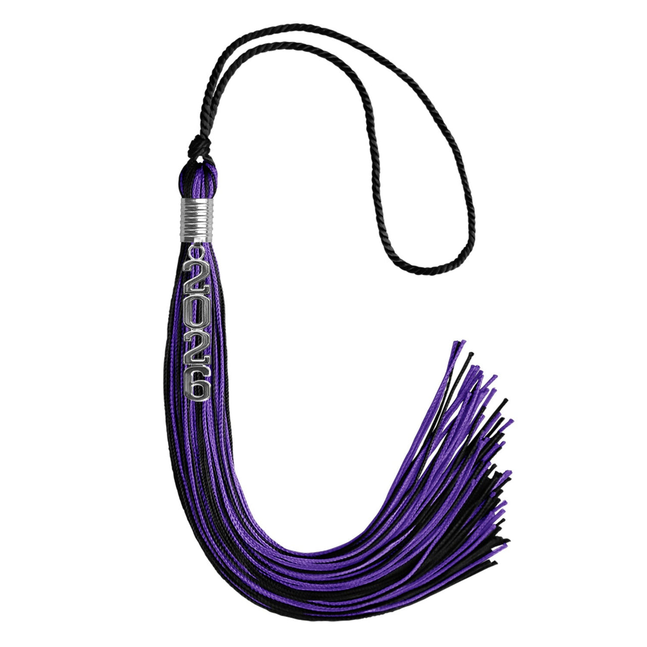 Black/Purple Mixed Color Graduation Tassel with Stacked Silver Date Drop - Endea Graduation