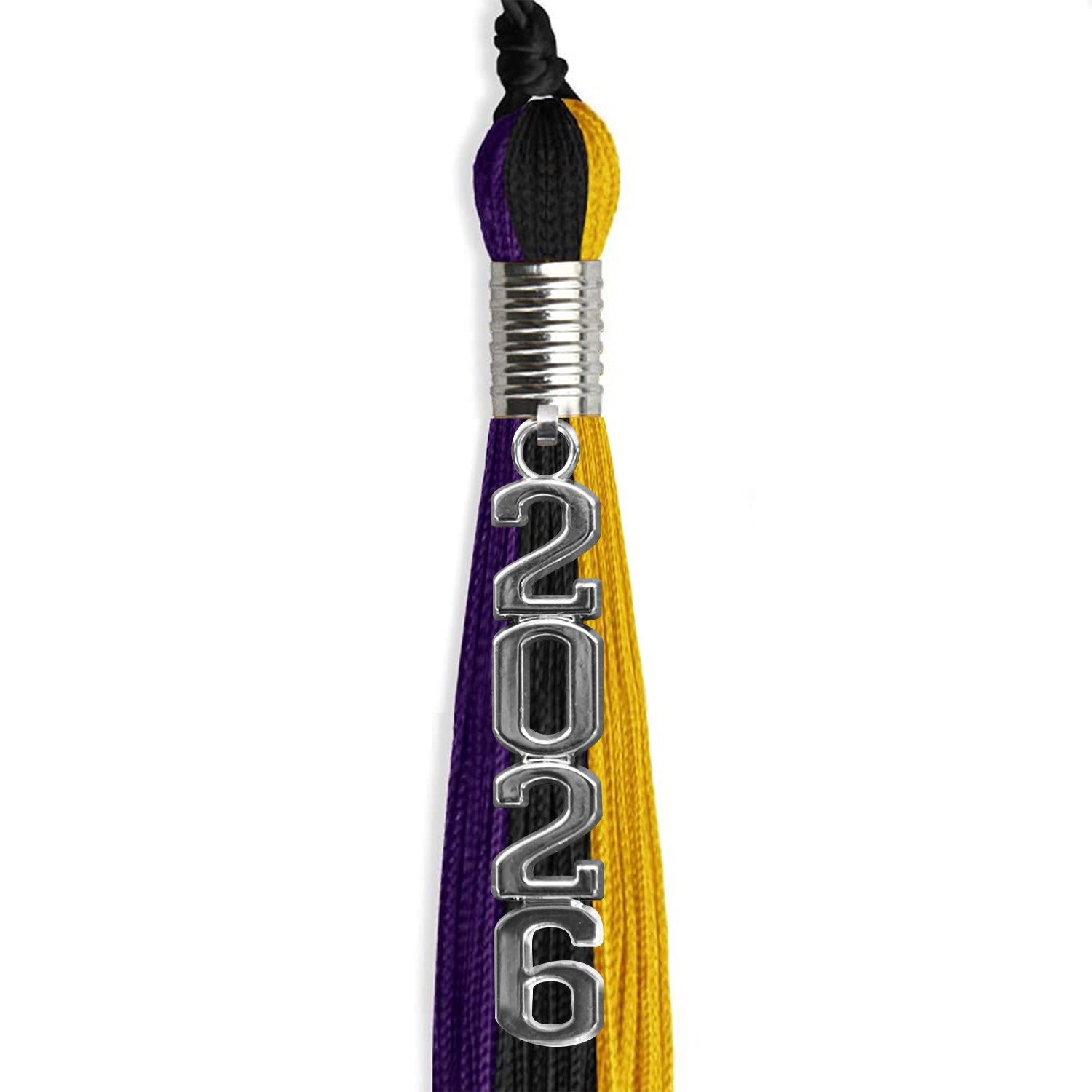 Black/Purple/Gold Graduation Tassel with Silver Stacked Date Drop - Endea Graduation