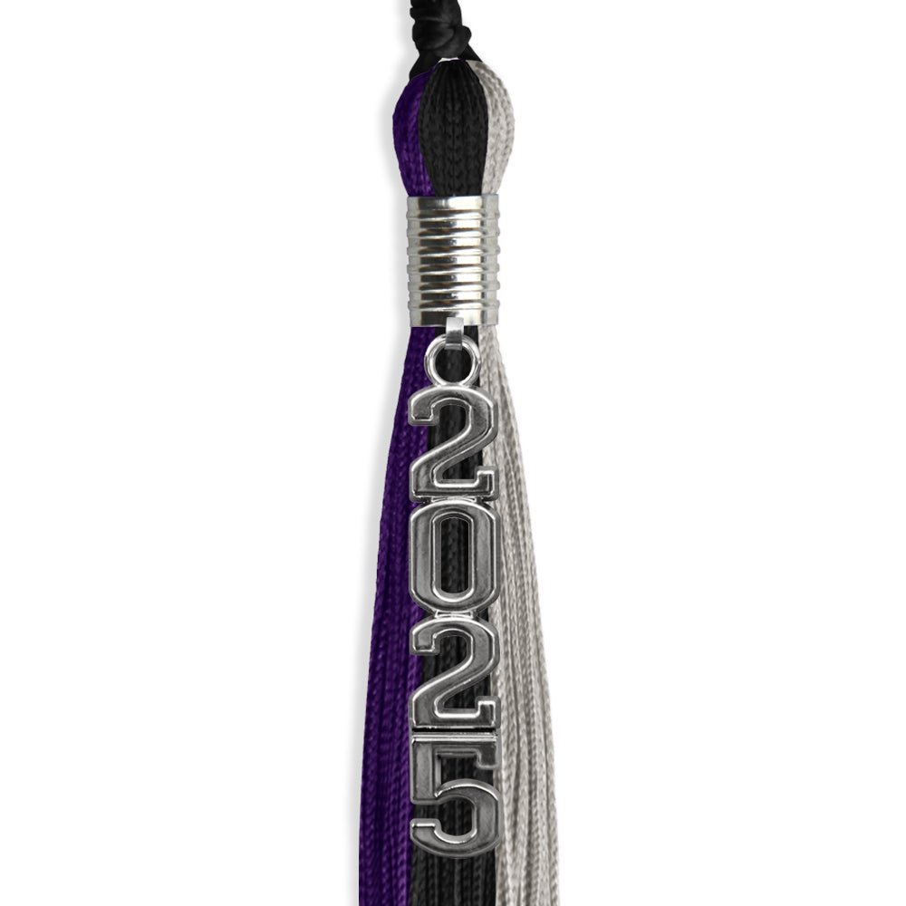 Black/Purple/Grey Graduation Tassel with Silver Stacked Date Drop - Endea Graduation