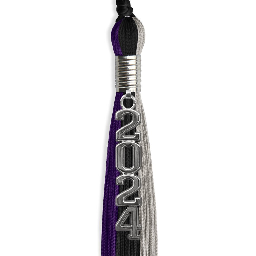 Black/Purple/Grey Graduation Tassel with Silver Stacked Date Drop - Endea Graduation