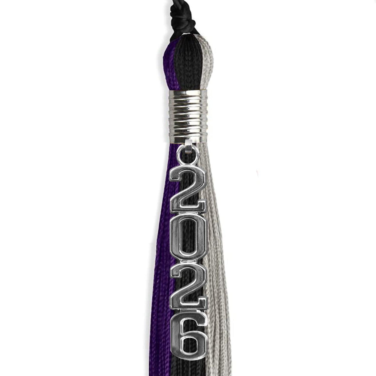 Black/Purple/Grey Graduation Tassel with Silver Stacked Date Drop - Endea Graduation