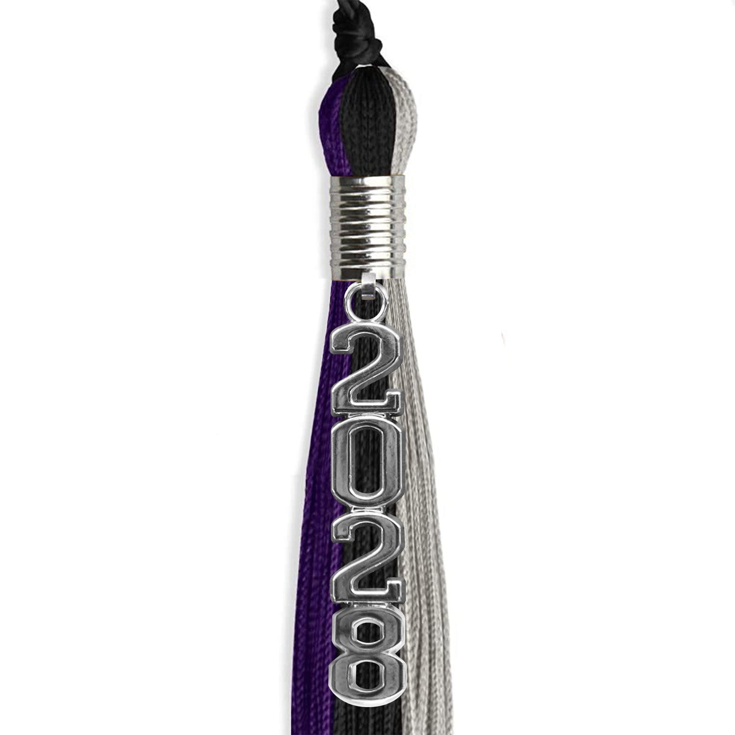 Black/Purple/Grey Graduation Tassel with Silver Stacked Date Drop - Endea Graduation