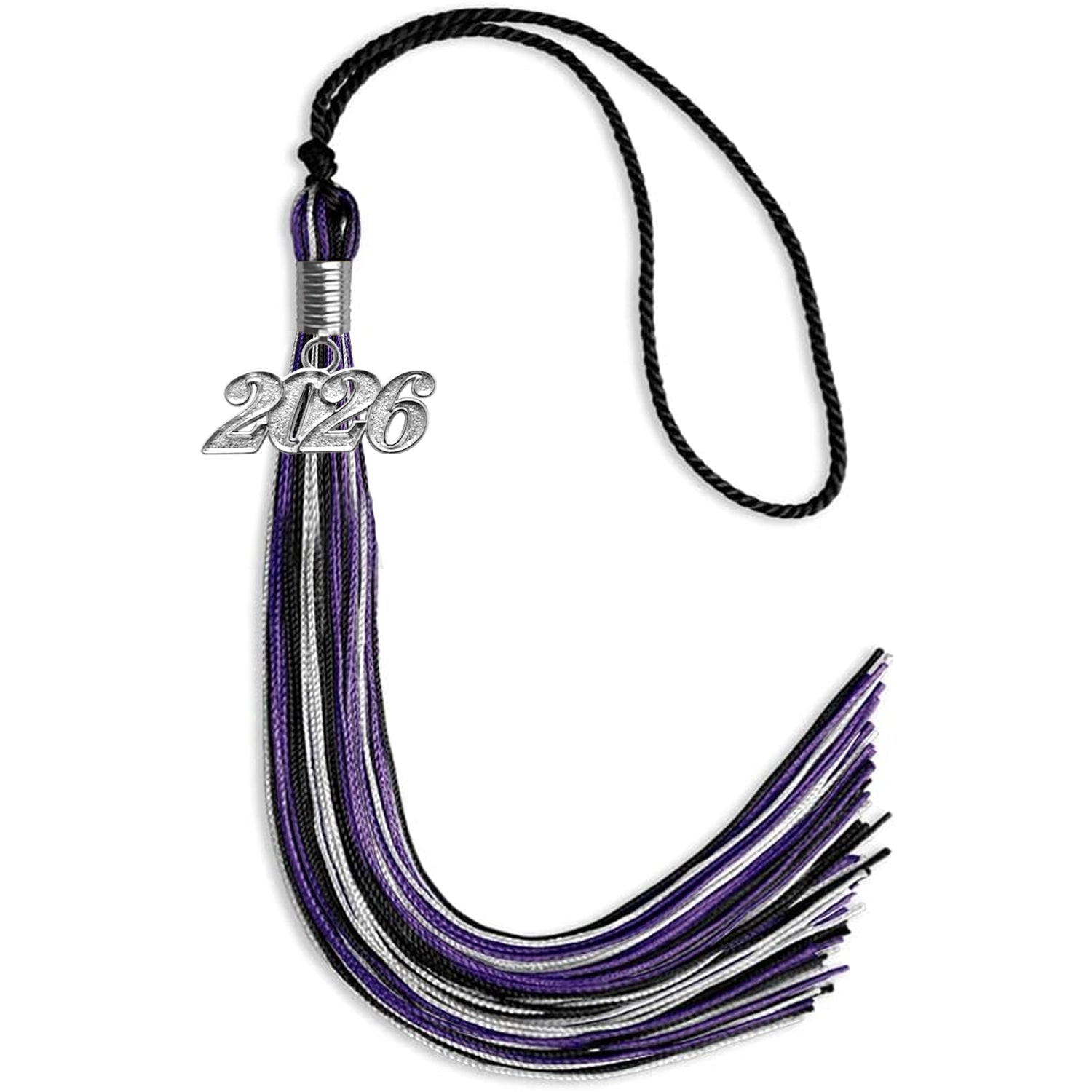 Black/Purple/Silver Mixed Color Graduation Tassel with Silver Date Drop - Endea Graduation