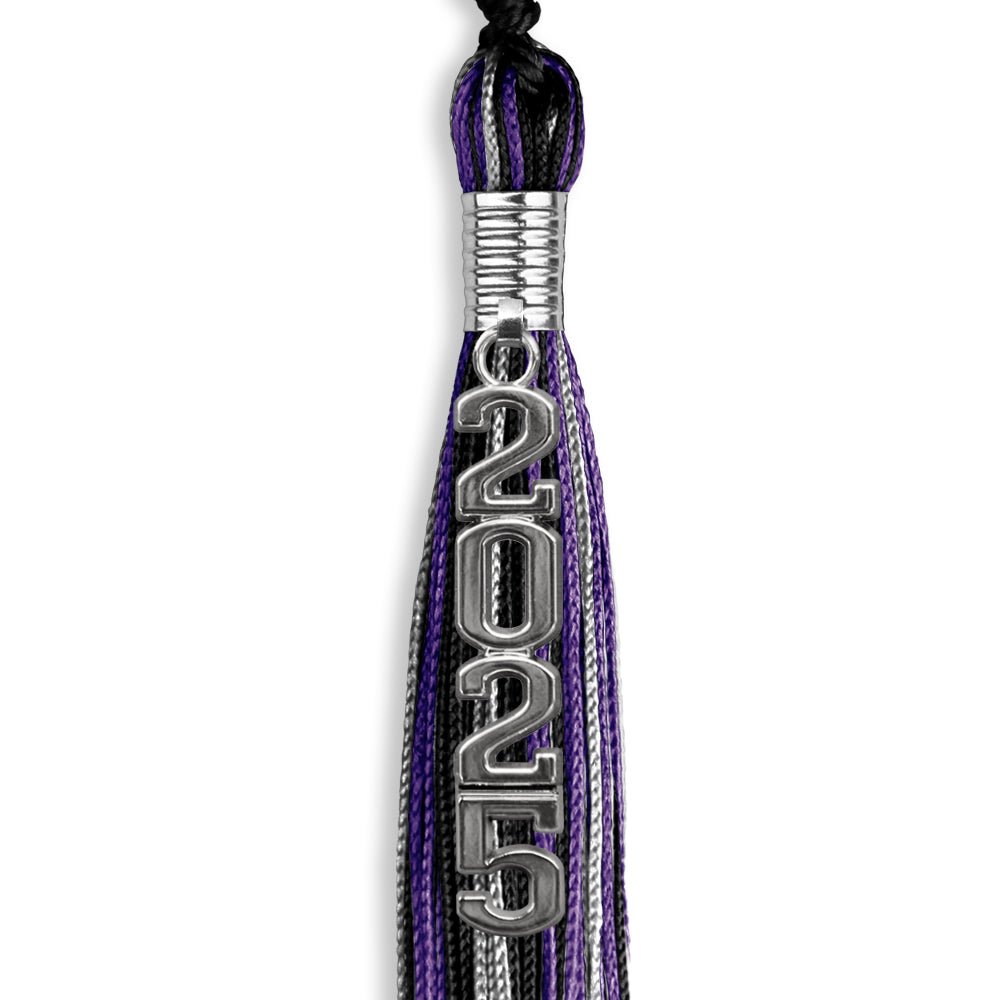 Black/Purple/Silver Mixed Color Graduation Tassel with Silver Stacked Date Drop - Endea Graduation