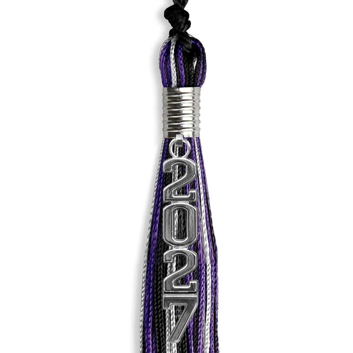 Black/Purple/Silver Mixed Color Graduation Tassel with Silver Stacked Date Drop - Endea Graduation