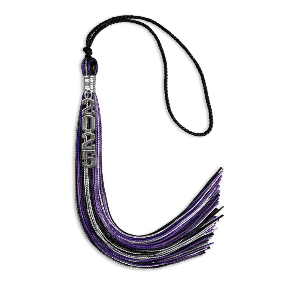 Black/Purple/Silver Mixed Color Graduation Tassel with Silver Stacked Date Drop - Endea Graduation