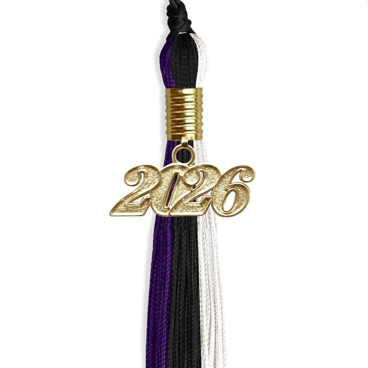 Black/Purple/White Graduation Tassel with Gold Date Drop - Endea Graduation