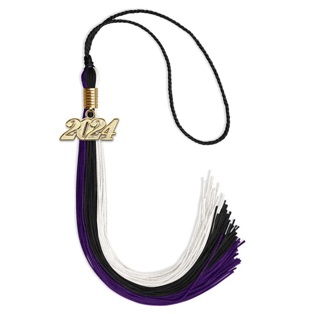 Black/Purple/White Graduation Tassel with Gold Date Drop - Endea Graduation