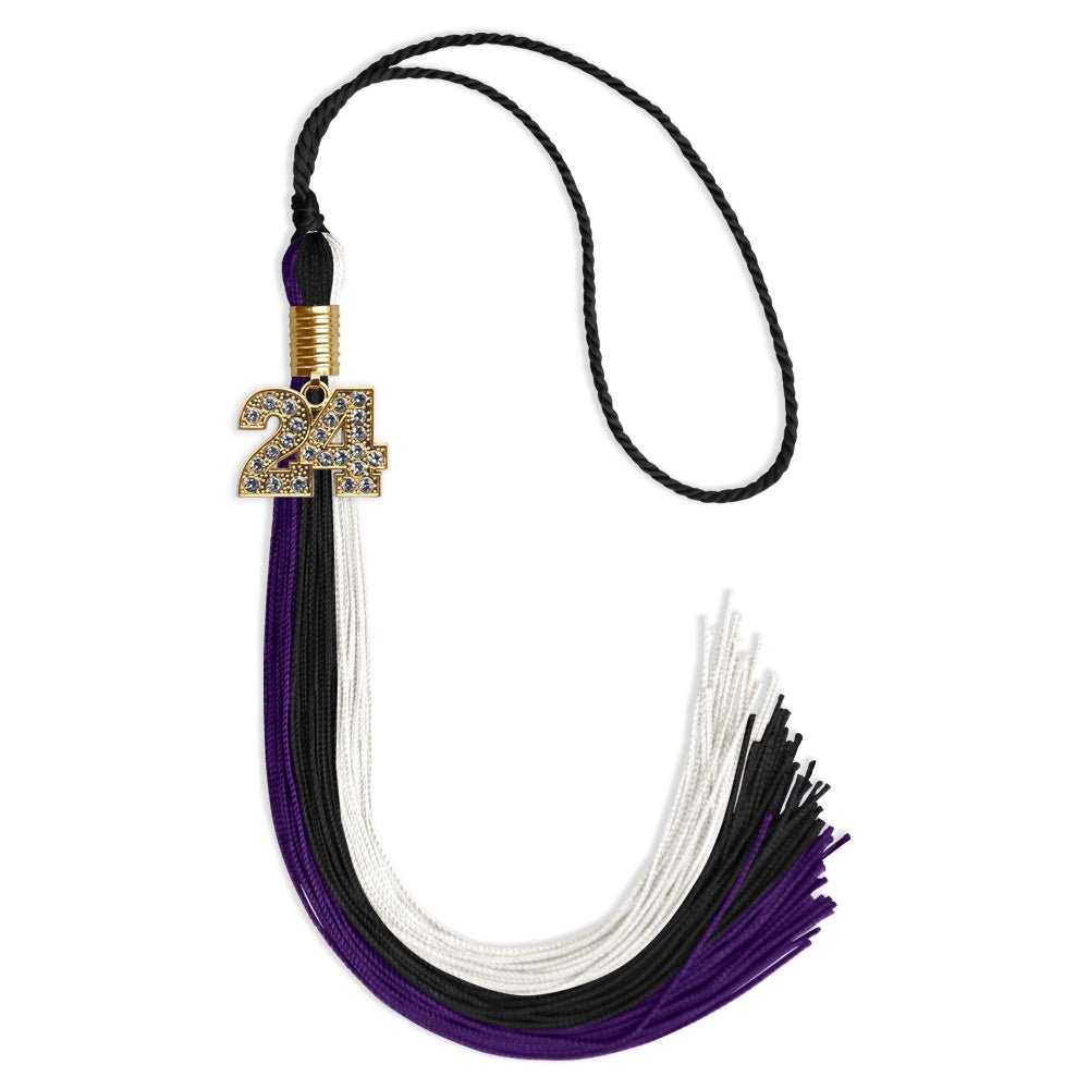 Black/Purple/White Graduation Tassel with Gold Date Drop - Endea Graduation