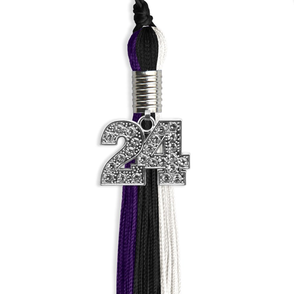 Black/Purple/White Graduation Tassel with Silver Date Drop - Endea Graduation