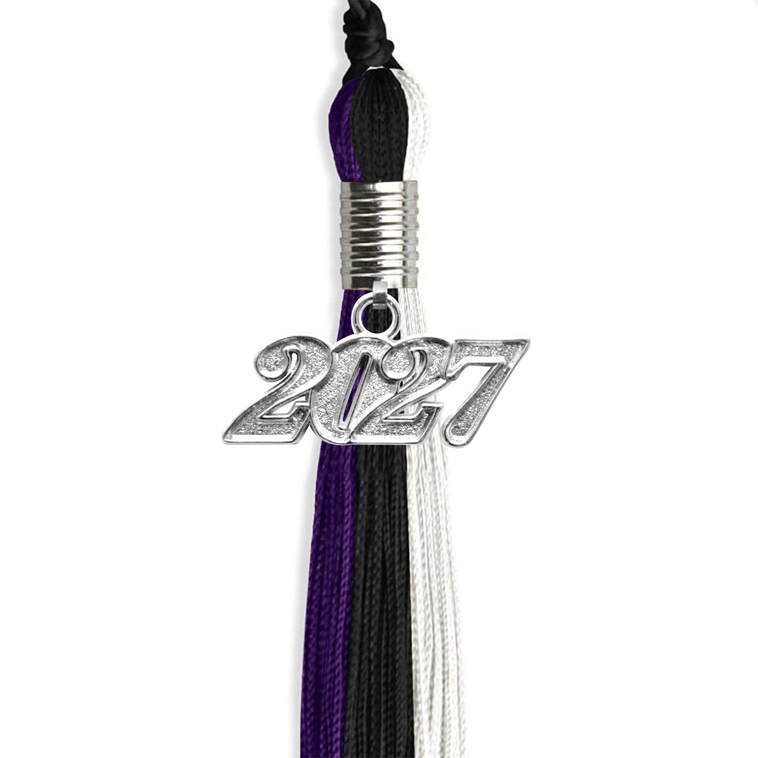 Black/Purple/White Graduation Tassel with Silver Date Drop - Endea Graduation