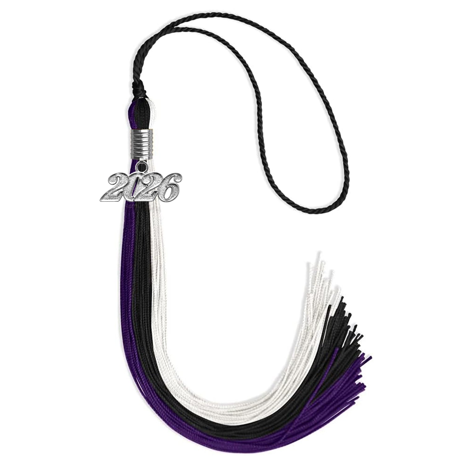 Black/Purple/White Graduation Tassel with Silver Date Drop - Endea Graduation