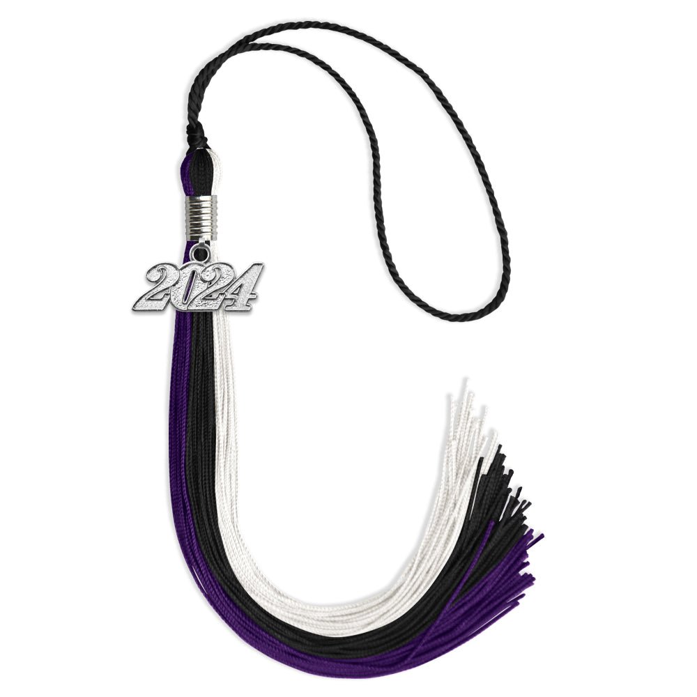 Black/Purple/White Graduation Tassel with Silver Date Drop - Endea Graduation