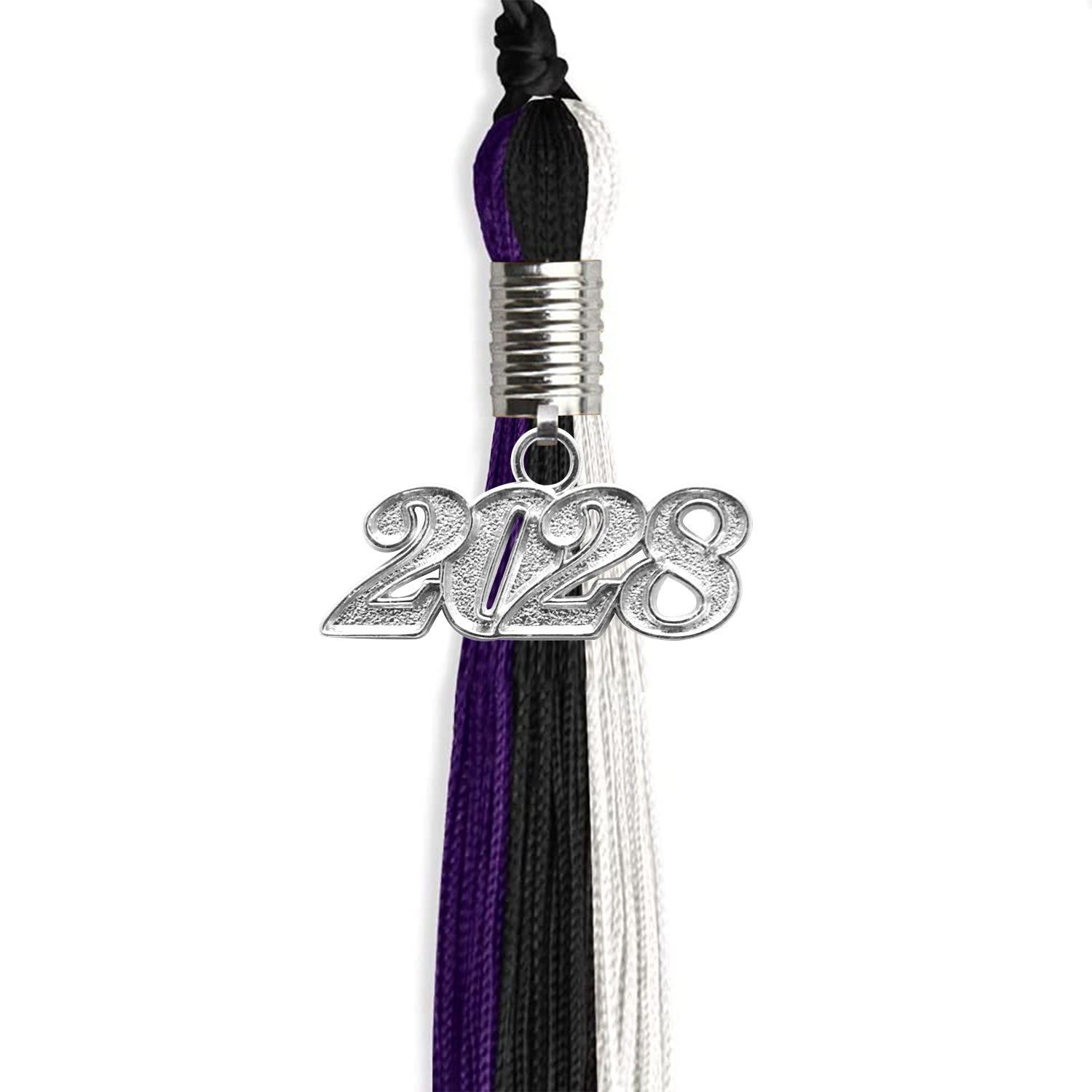 Black/Purple/White Graduation Tassel with Silver Date Drop - Endea Graduation