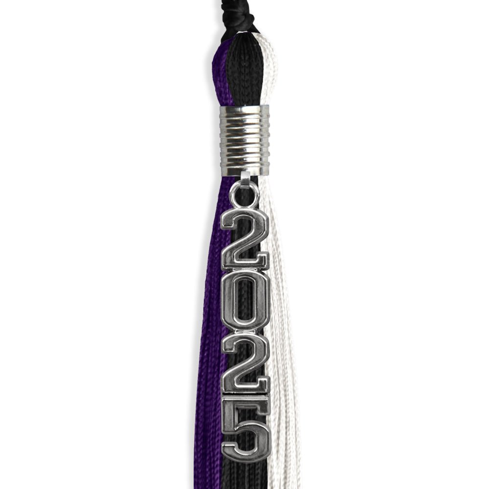 Black/Purple/White Graduation Tassel with Silver Stacked Date Drop - Endea Graduation