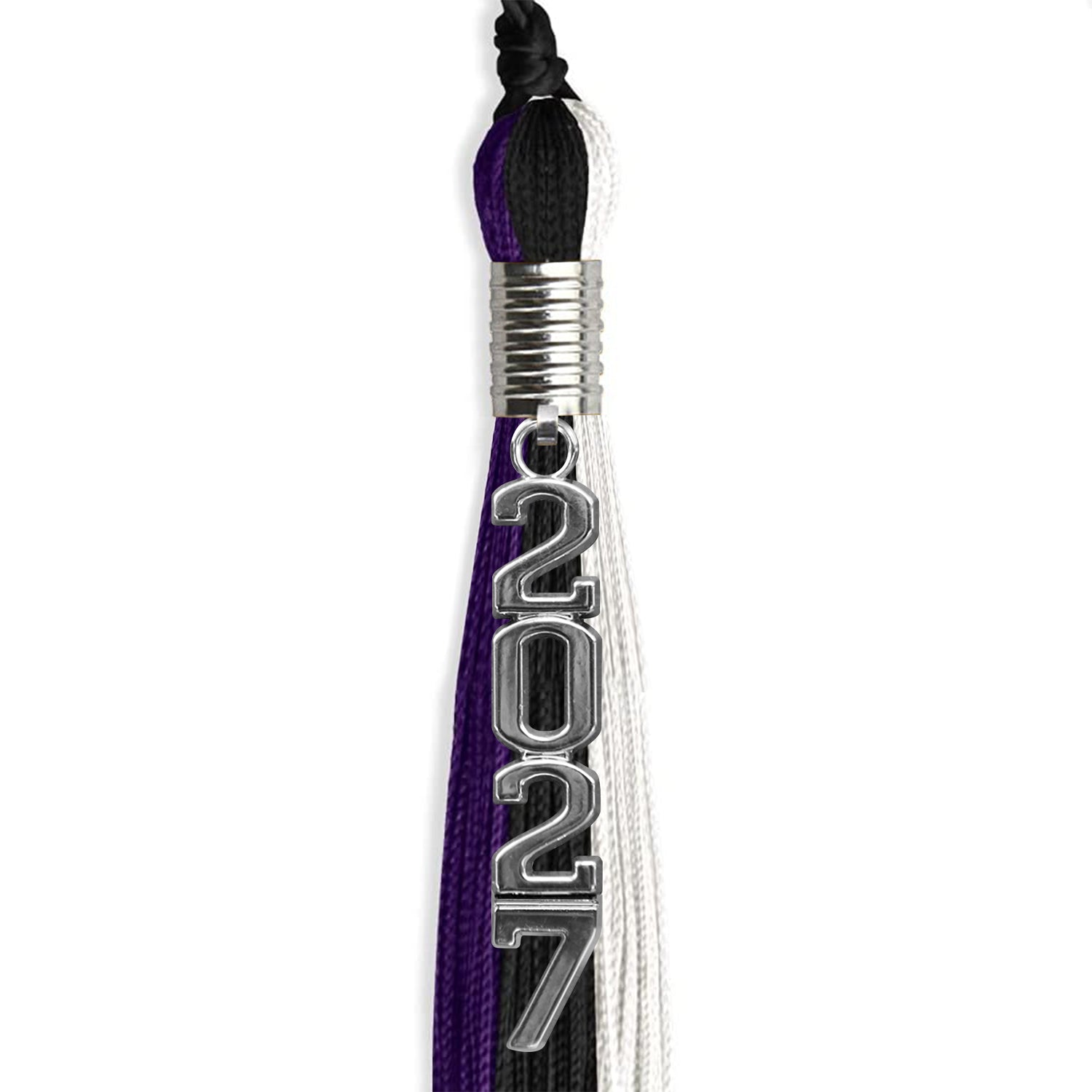 Black/Purple/White Graduation Tassel with Silver Stacked Date Drop - Endea Graduation