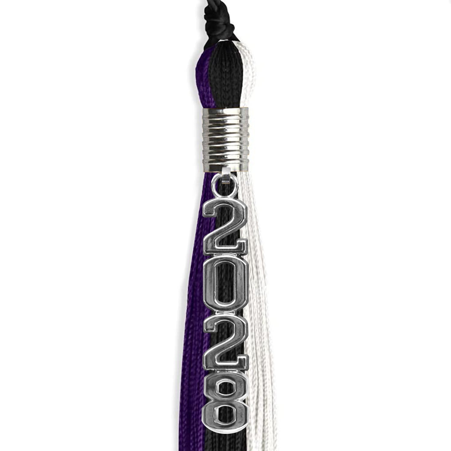 Black/Purple/White Graduation Tassel with Silver Stacked Date Drop - Endea Graduation