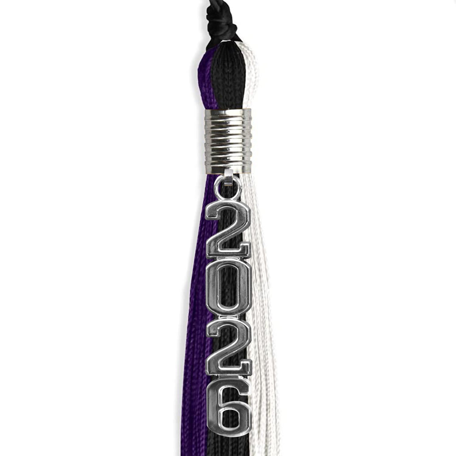 Black/Purple/White Graduation Tassel with Silver Stacked Date Drop - Endea Graduation