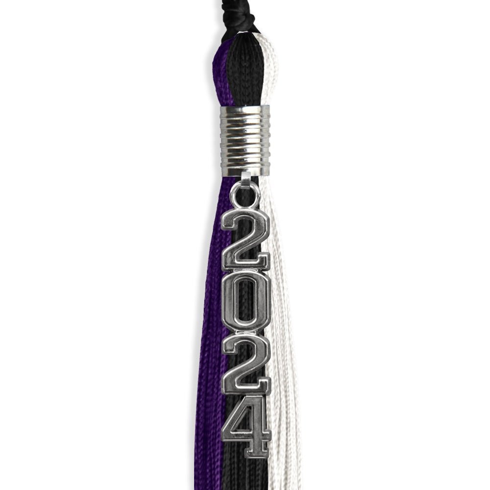 Black/Purple/White Graduation Tassel with Silver Stacked Date Drop - Endea Graduation