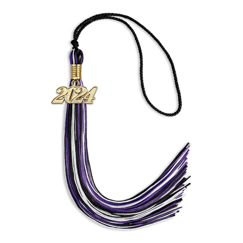 Black/Purple/White Mixed Color Graduation Tassel with Gold Date Drop - Endea Graduation