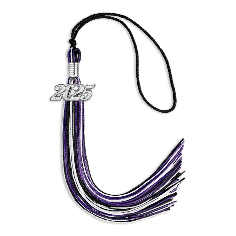 Black/Purple/White Mixed Color Graduation Tassel with Silver Date Drop - Endea Graduation