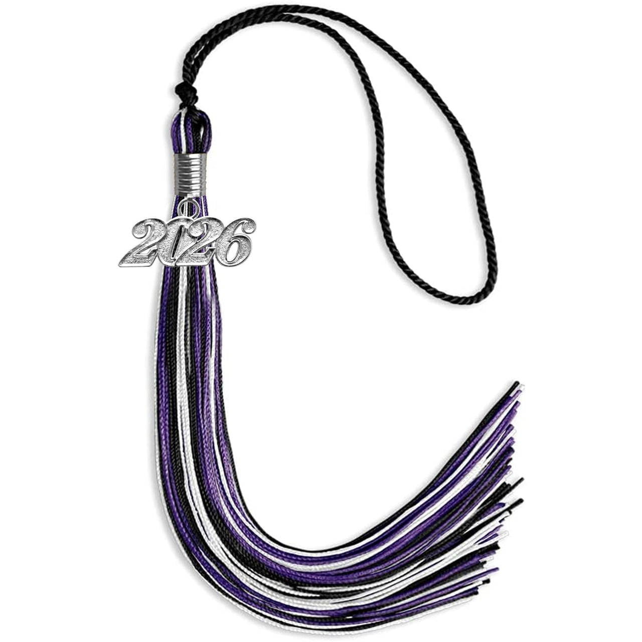 Black/Purple/White Mixed Color Graduation Tassel with Silver Date Drop - Endea Graduation