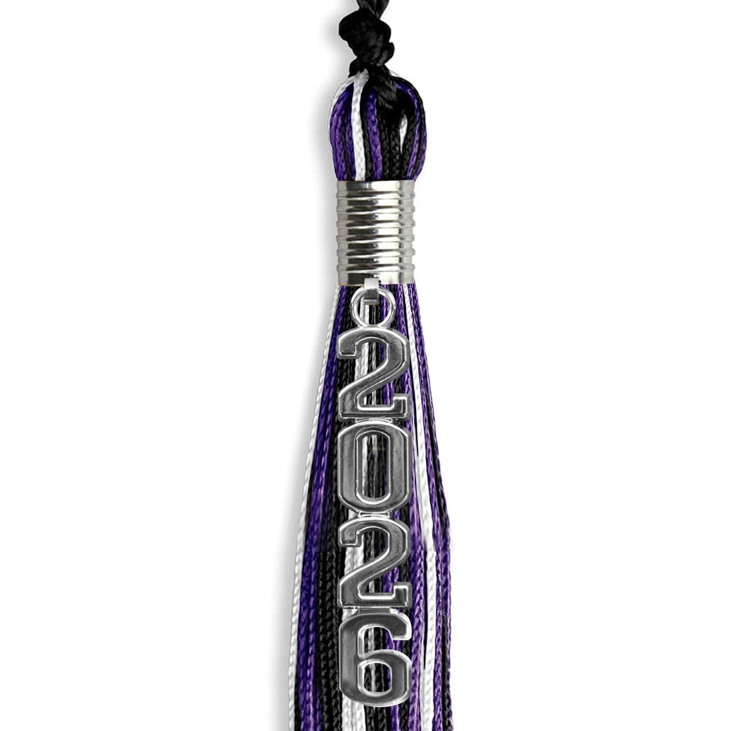 Black/Purple/White Mixed Color Graduation Tassel with Silver Stacked Date Drop - Endea Graduation