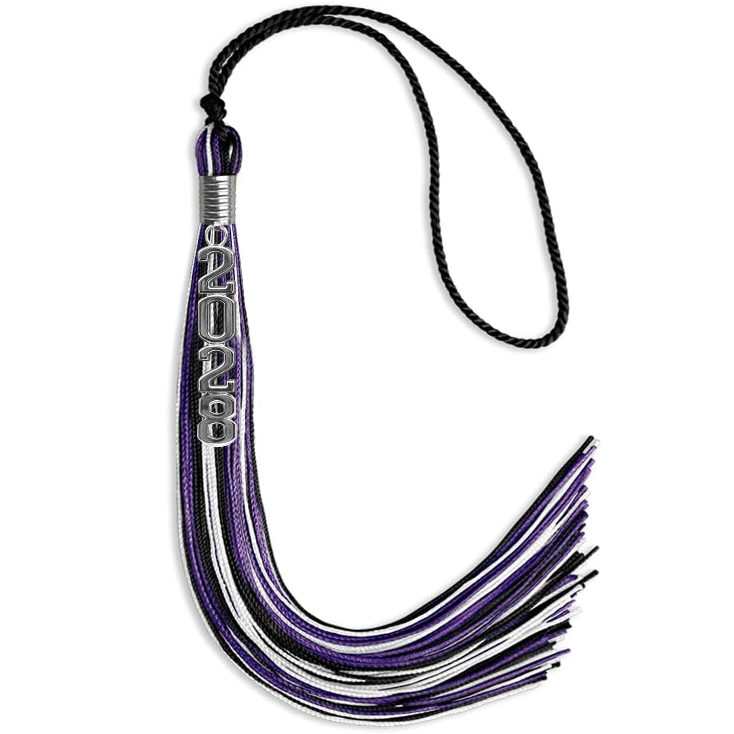 Black/Purple/White Mixed Color Graduation Tassel with Silver Stacked Date Drop - Endea Graduation